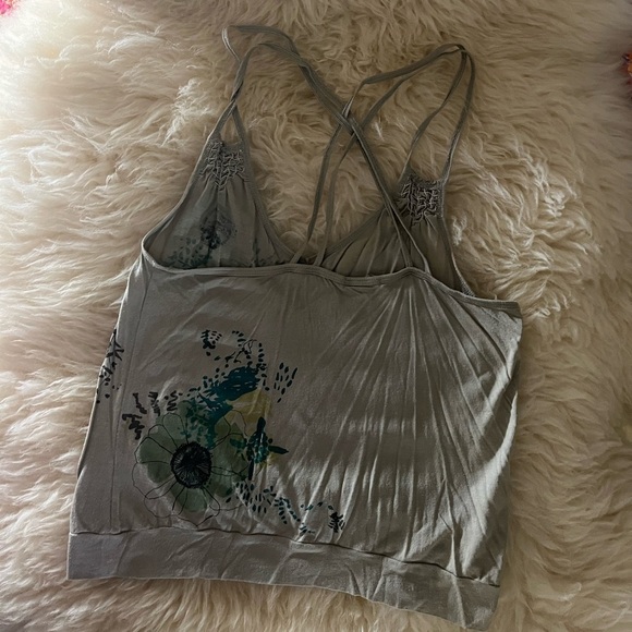 Sage Green Floral Cropped Spaghetti Cross Strap Tee Tank Top - Picture 4 of 8